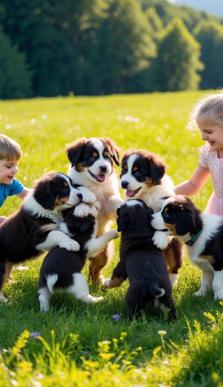 A litter of Bernese Mountain Dog puppies playfully tussle in a lush green meadow, their fluffy coats shining in the sunlight as they interact with children and other pets