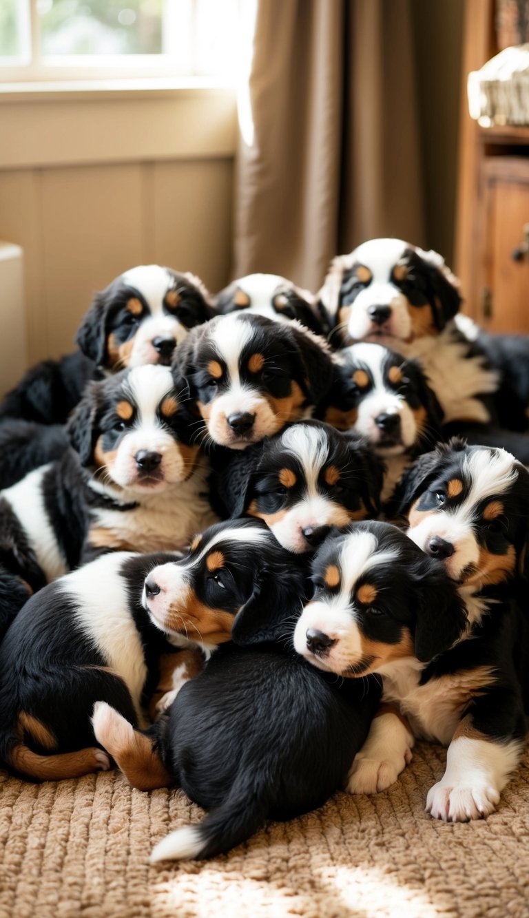 21 Bernese Mountain Dog puppies snuggled together, wagging tails and nuzzling each other in a cozy, sunlit room