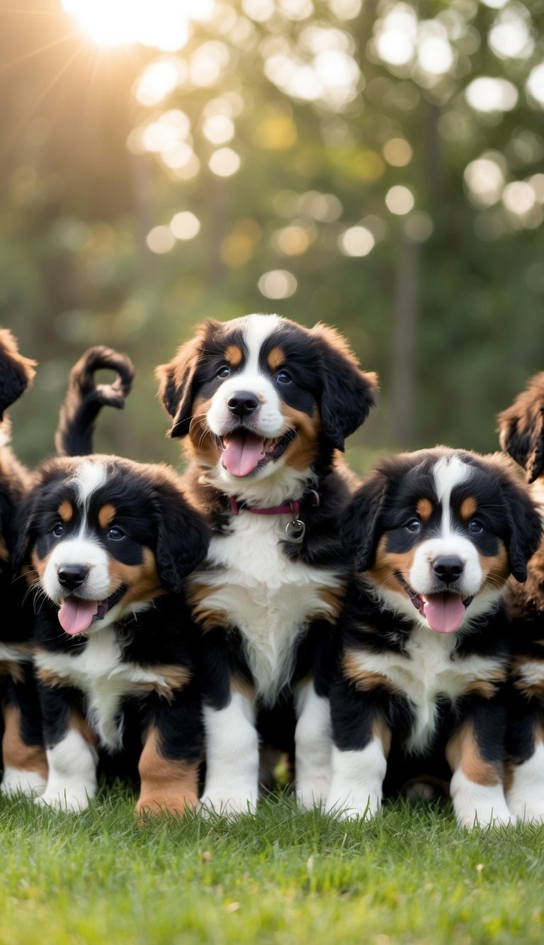 A litter of 21 Bernese Mountain Dog puppies with curly tails wagging expressively