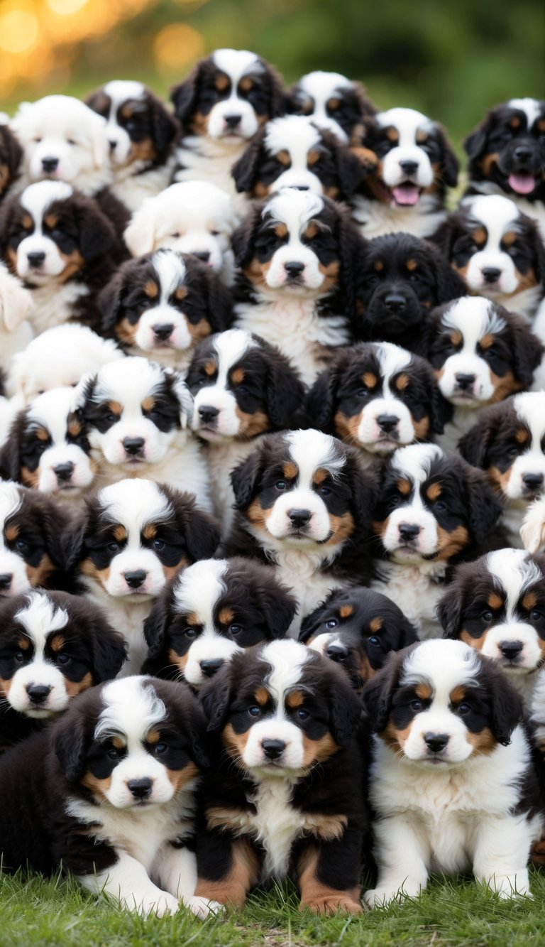 A pile of 21 fluffy Bernese Mountain Dog puppies with adorable, soft ears