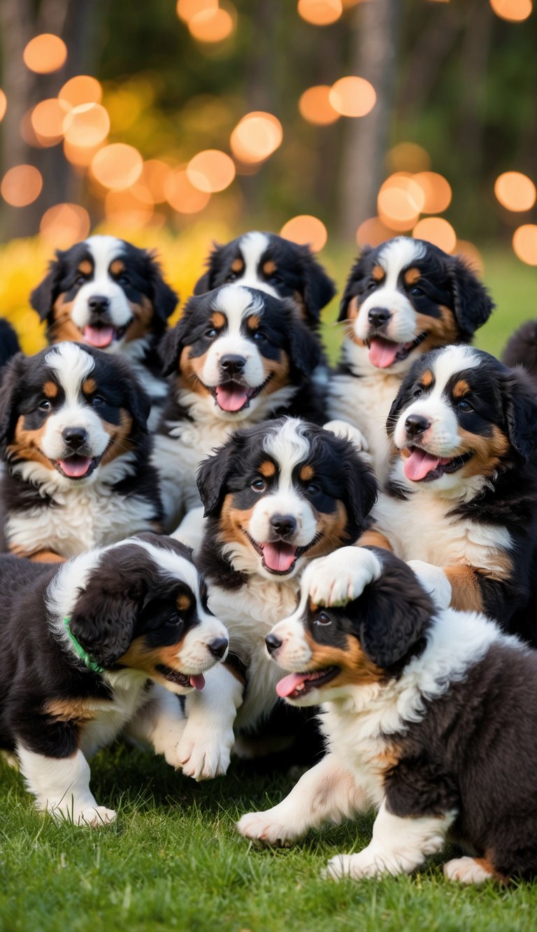 A group of 21 Bernese Mountain Dog puppies eagerly playing and socializing, their adorable faces and fluffy fur melting hearts