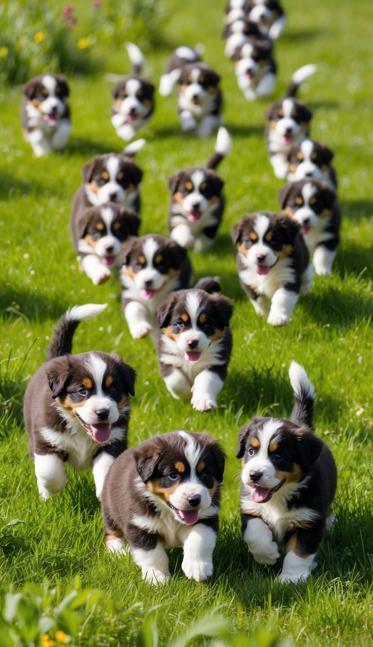 A litter of 21 Bernese Mountain Dog puppies playfully romp in a lush green meadow, their fluffy coats shining in the sunlight as they exude strong and healthy growth patterns
