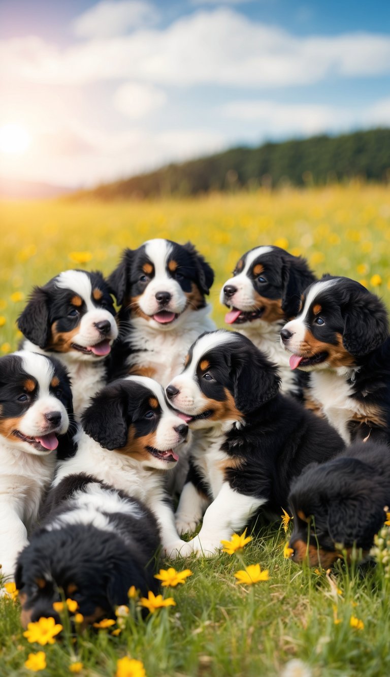 21 Bernese Mountain Dog puppies lounging in a sunny meadow, their calm and patient dispositions evident as they playfully interact with each other, melting hearts with their adorable expressions