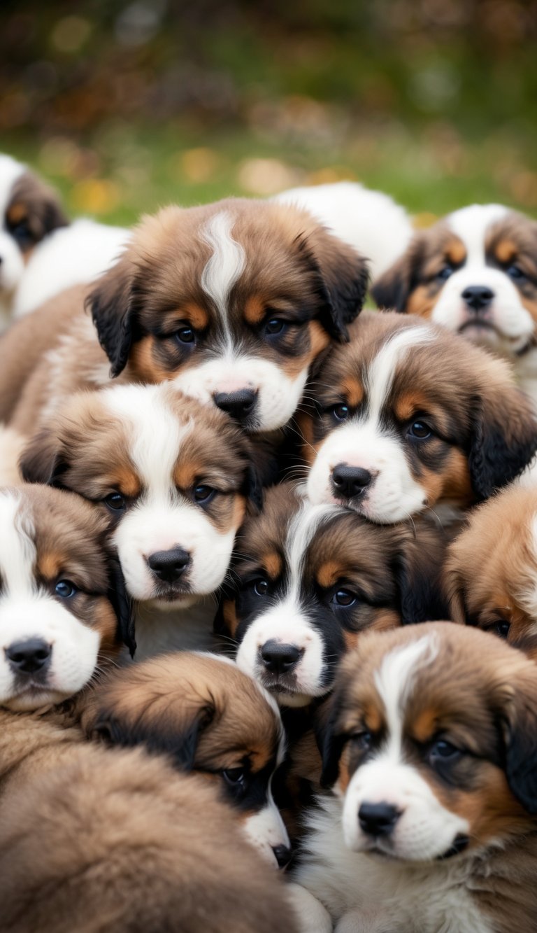A litter of 21 Bernese Mountain Dog puppies huddle together, their fluffy coats and big, soulful eyes exuding loyalty and protectiveness