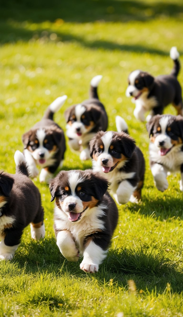 A litter of Bernese Mountain Dog puppies playing in a grassy field, their fluffy coats shining in the sunlight as they chase after each other with wagging tails