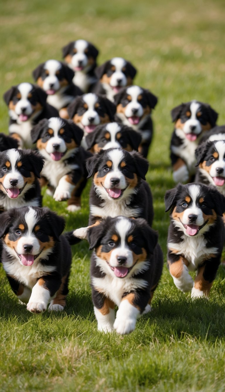 A group of 21 Bernese Mountain Dog puppies running and playing together in a grassy field, their fluffy coats and happy expressions capturing their natural herding instincts