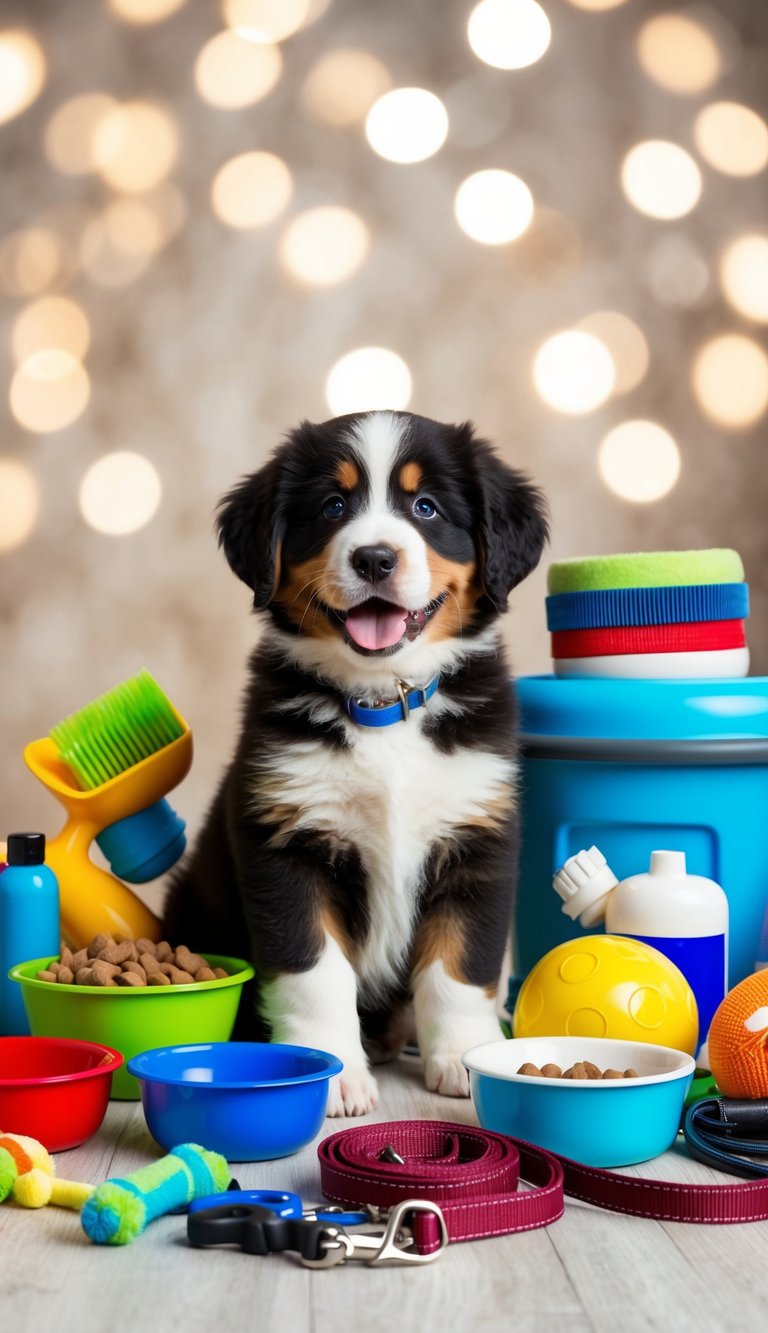 A happy Bernese Mountain Dog puppy surrounded by toys, food bowls, grooming supplies, leash, collar, and other essentials for its first year