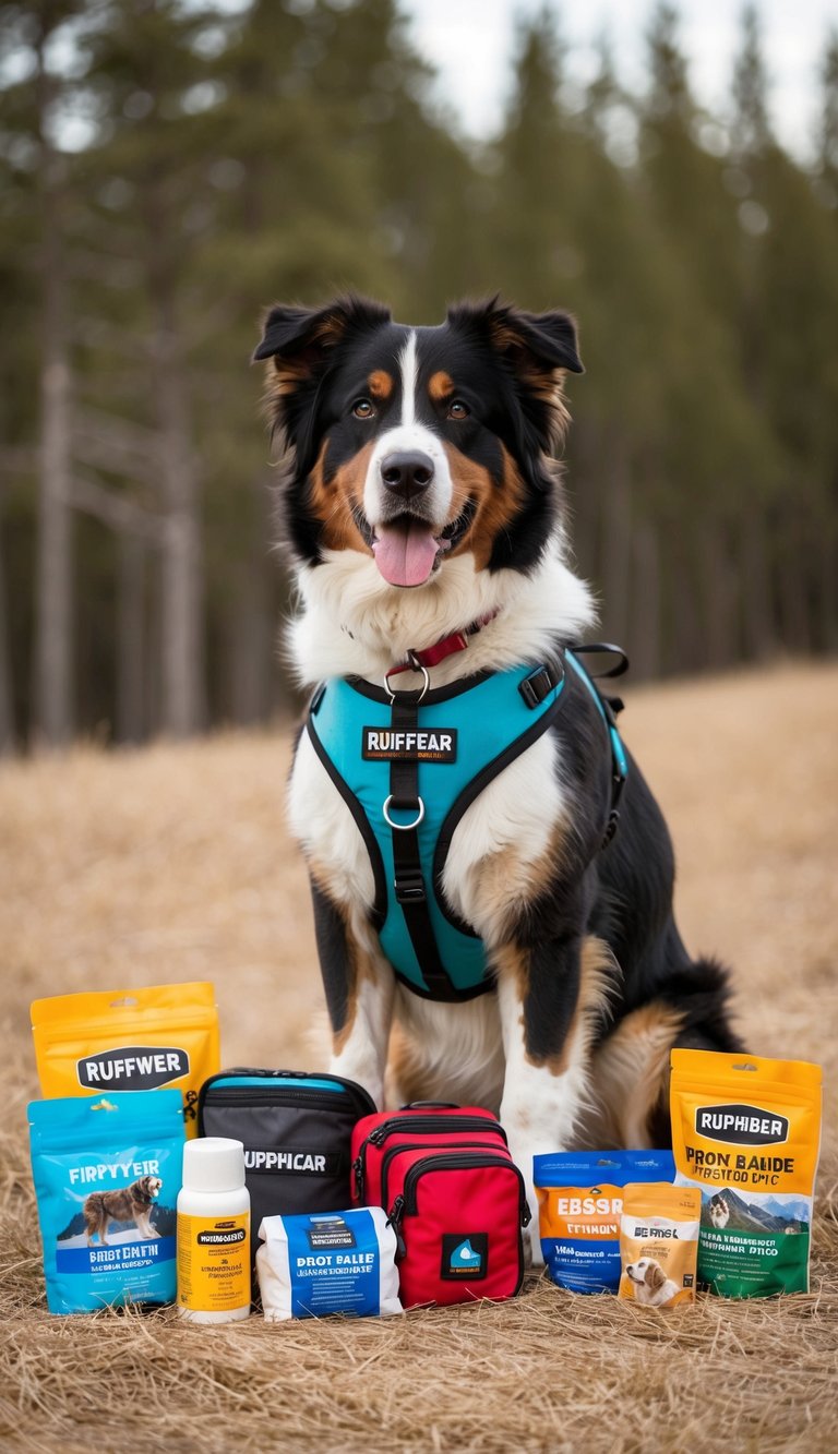 A Bernese Mountain Dog wearing a Ruffwear Front Range Harness surrounded by 22 essential supplies for its first year