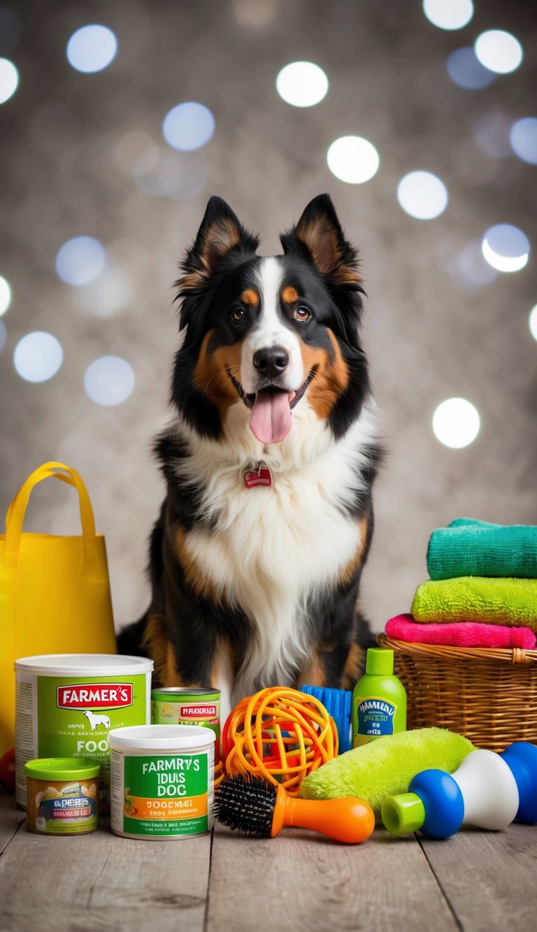 A Bernese Mountain dog surrounded by Farmer's Dog fresh food, toys, and grooming supplies for its first year