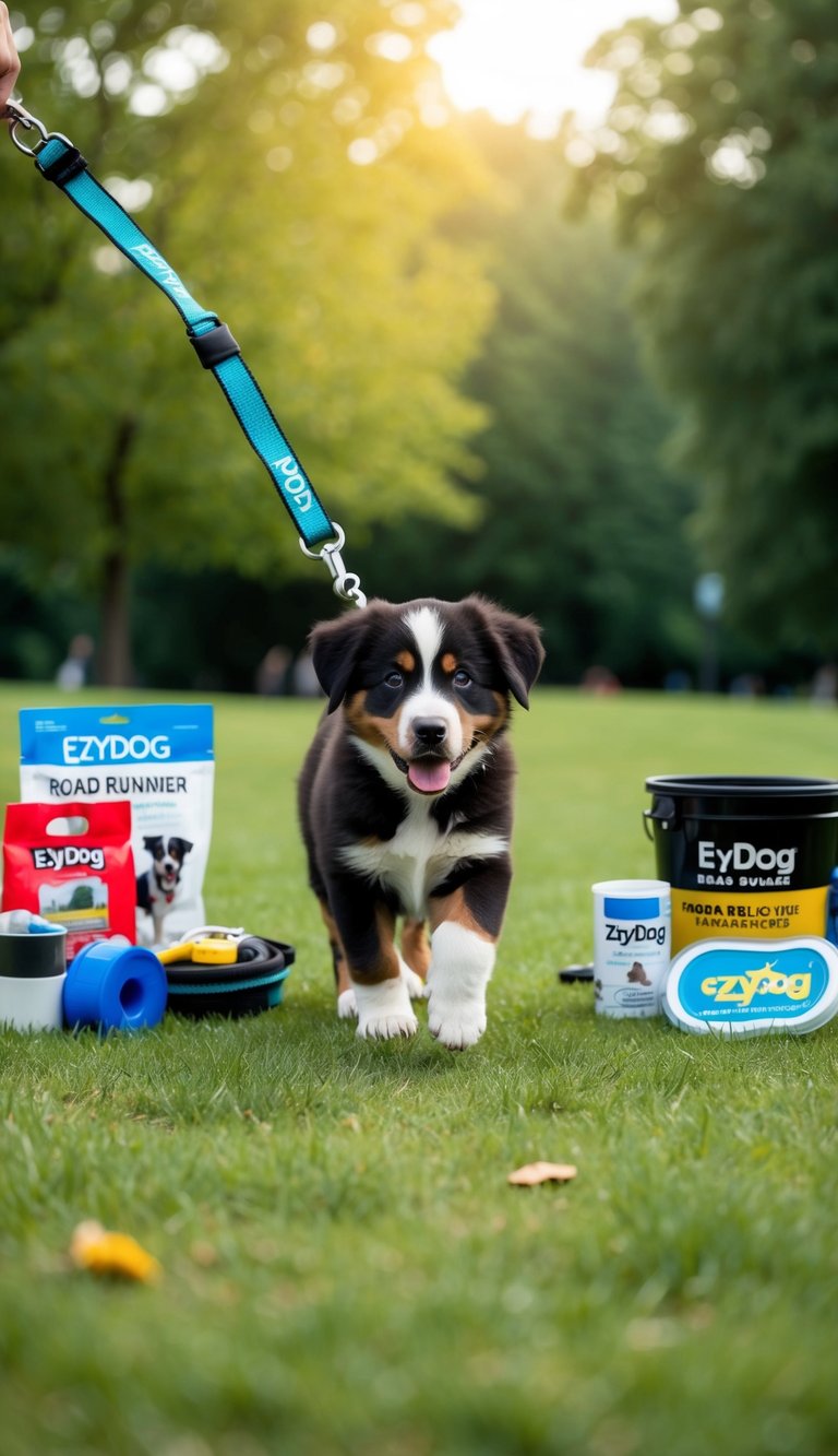 A Bernese Mountain Dog puppy happily walks with a EzyDog Road Runner Leash through a park, surrounded by various essential supplies for its first year