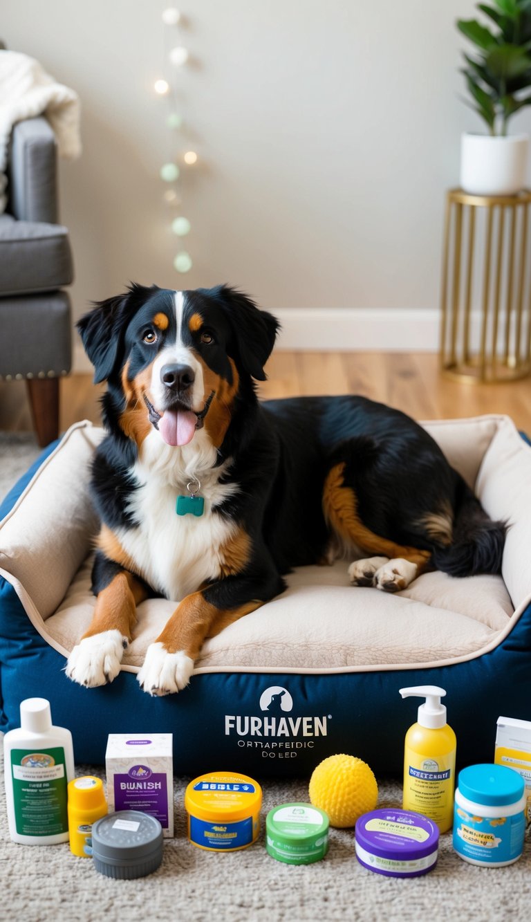 A Bernese Mountain Dog lounges on a plush Furhaven Orthopedic Dog Bed, surrounded by a collection of essential supplies for its first year