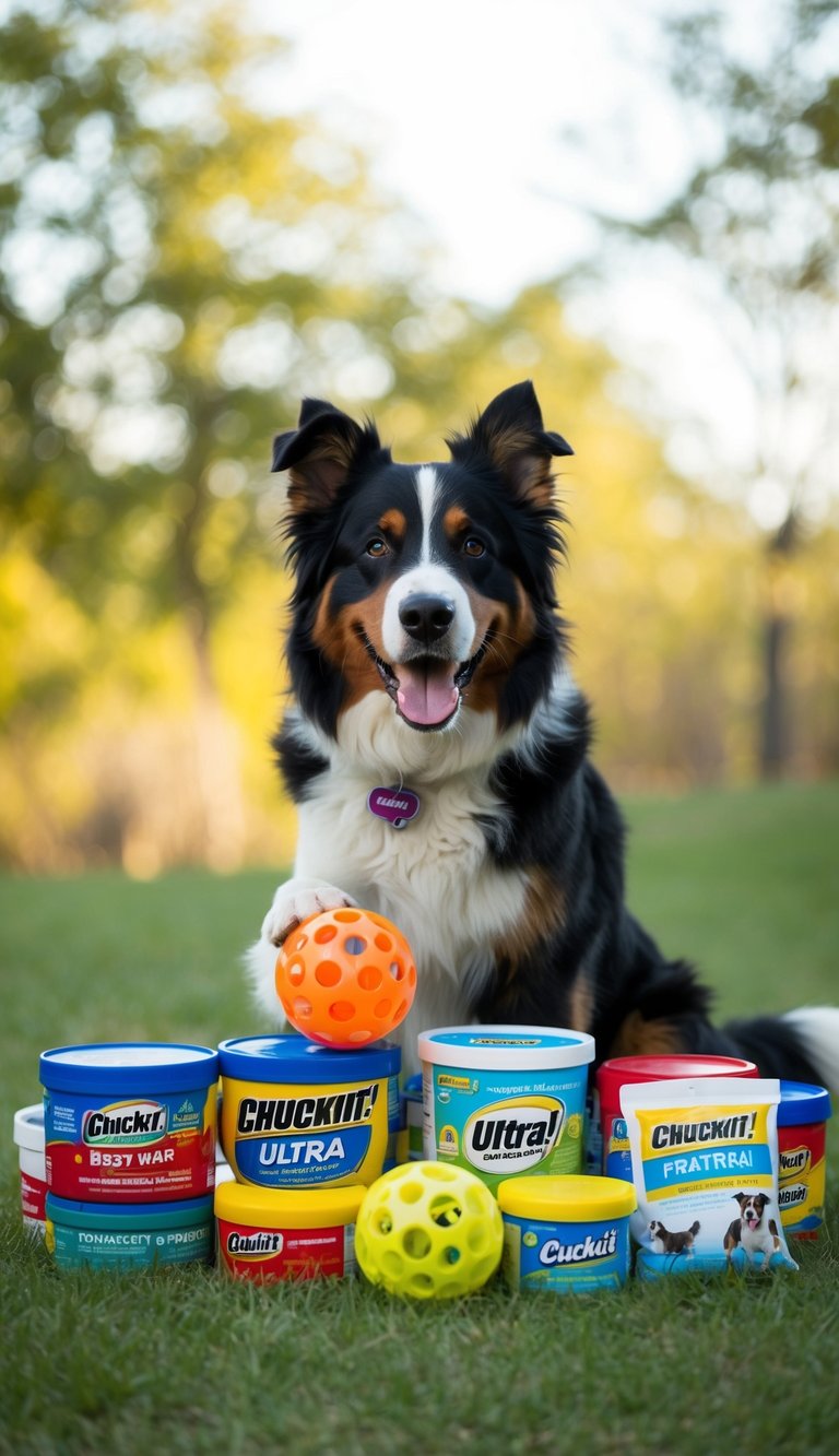 A Bernese Mountain Dog happily playing with a Chuckit! Ultra Ball amidst a pile of 22 essential supplies for its first year
