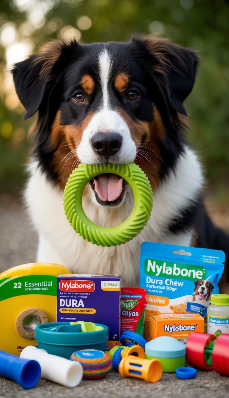 A Bernese Mountain Dog happily chews on a Nylabone Dura Chew Textured Ring amidst a pile of 22 essential supplies for its first year