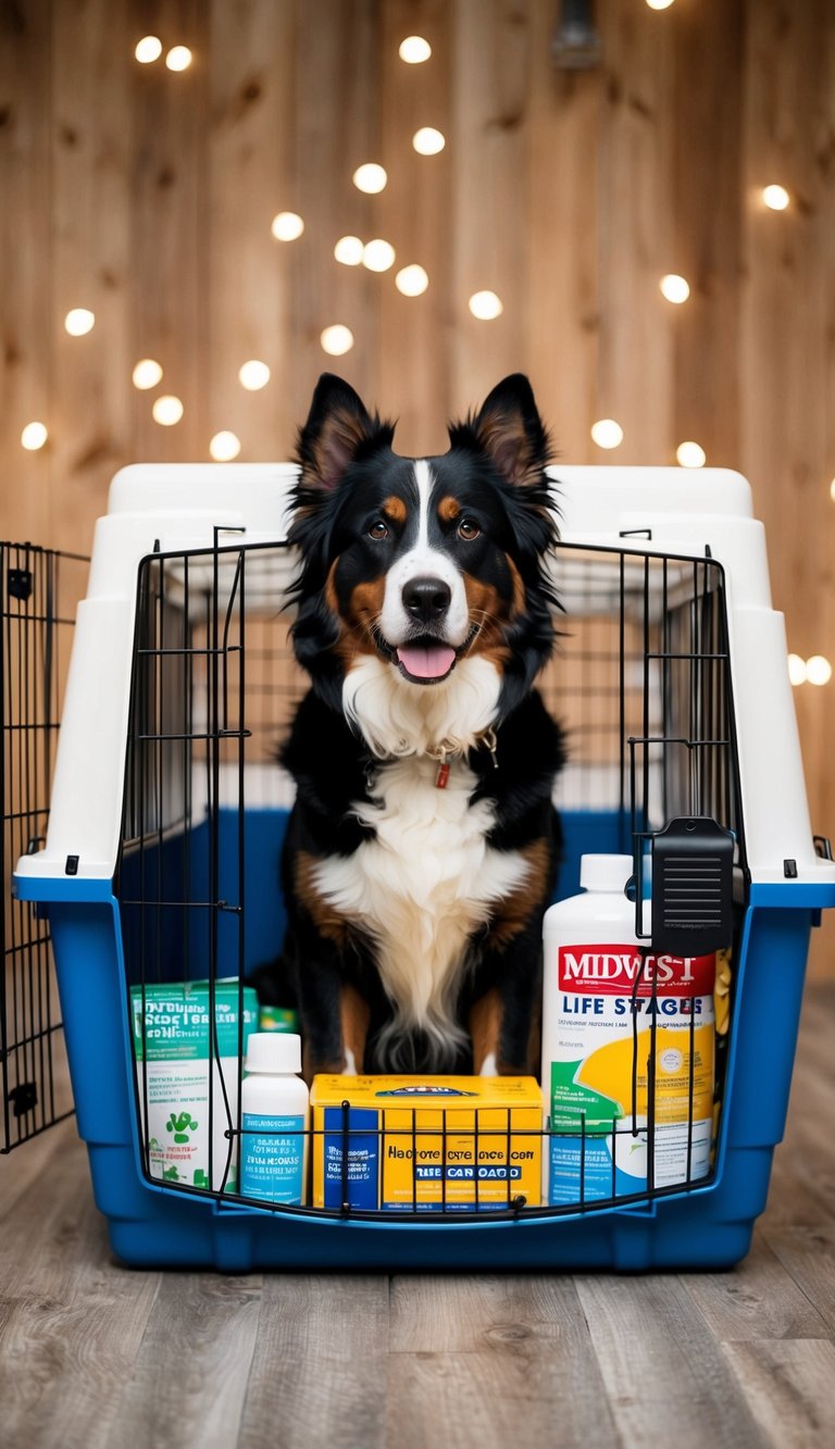 A Bernese Mountain dog sits inside a Midwest Life Stages Double Door Dog Crate, surrounded by essential supplies for its first year