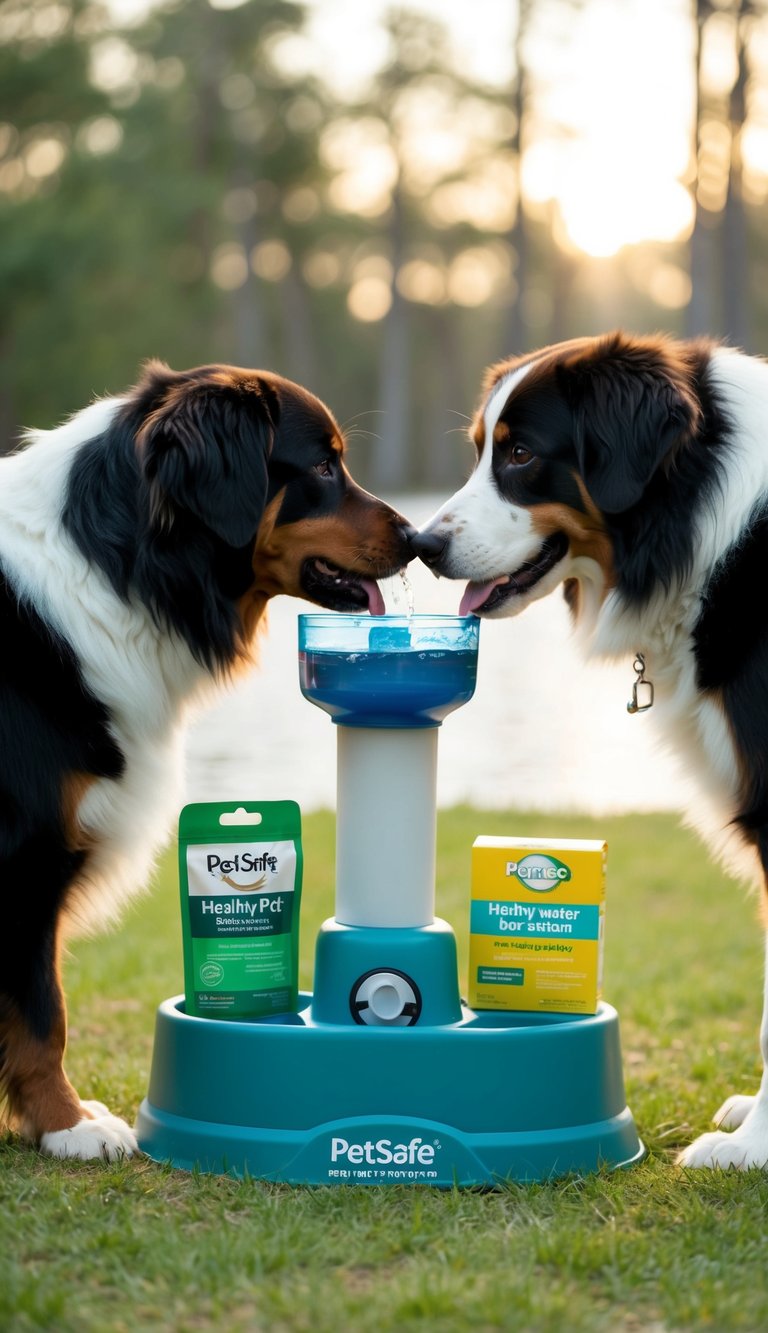 A Bernese Mountain Dog drinks from a PetSafe Healthy Pet Water Station surrounded by 22 essential supplies for its first year
