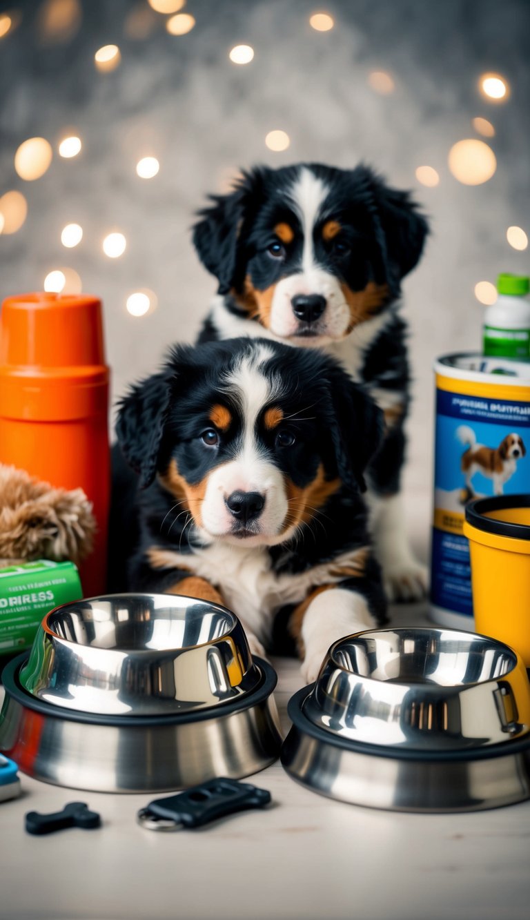 Two stainless steel feeding bowls surrounded by various dog supplies, with a Bernese Mountain Dog puppy in the background