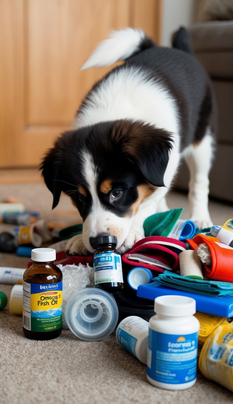 A Bernese Mountain Dog puppy eagerly sniffs a pile of pet supplies, including a bottle of omega-3 fish oil supplement, scattered on the floor