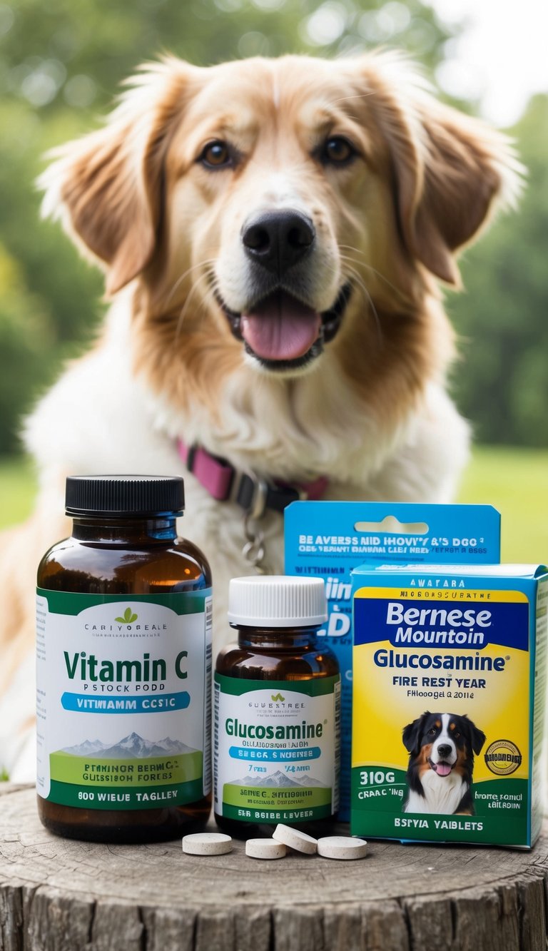 A bottle of vitamin C and glucosamine tablets sits among dog supplies for a Bernese Mountain Dog's first year