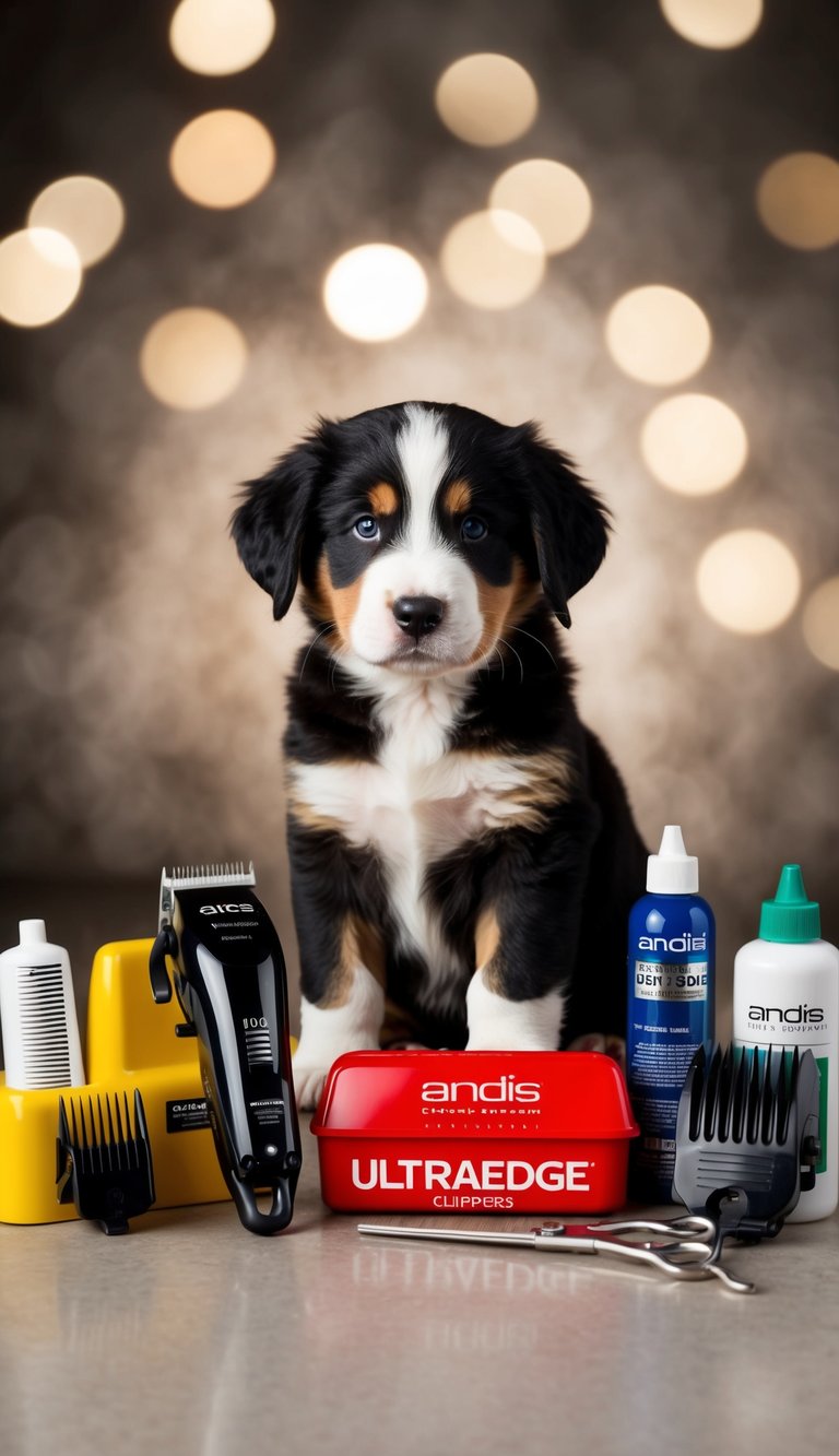 A Bernese Mountain Dog puppy surrounded by Andis UltraEdge Clippers and other essential supplies for its first year