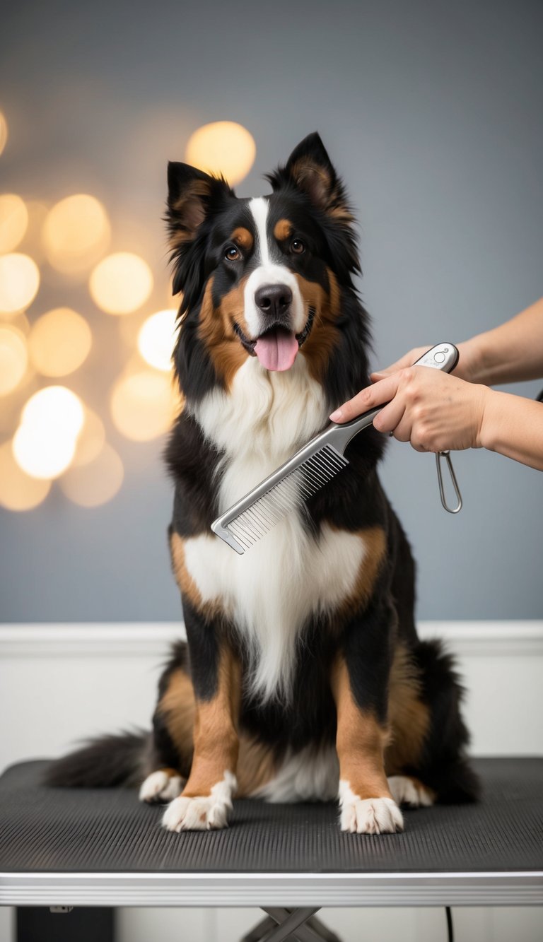 A Bernese Mountain Dog sits on a grooming table, a metal comb in front of it. The dog's thick fur is being carefully groomed by a hand holding the comb