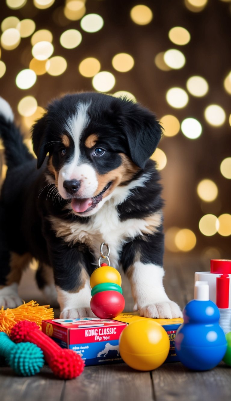 A Bernese Mountain Dog puppy playing with a Kong Classic Dog Toy among various supplies for its first year