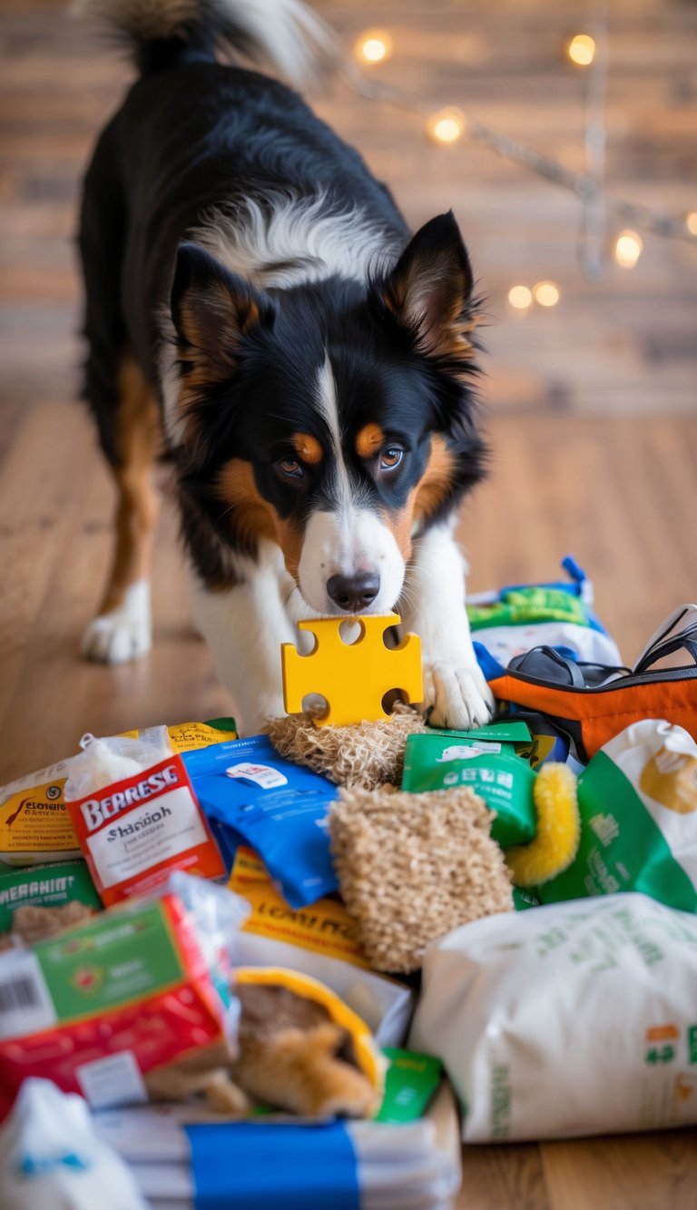 A Bernese Mountain Dog plays with a Hide-A-Squirrel puzzle toy amidst a pile of supplies for its first year
