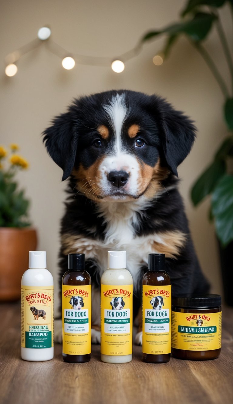 A Bernese Mountain Dog puppy surrounded by Burt's Bees for Dogs Natural Shampoo and other essential supplies for its first year