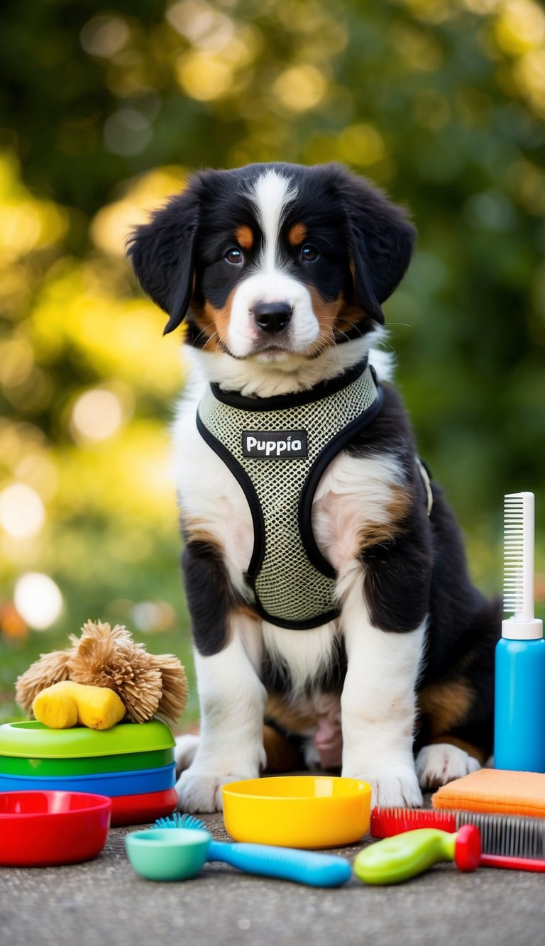 A Bernese Mountain Dog puppy wearing a Puppia Soft Mesh Harness surrounded by essential supplies for its first year, such as toys, food bowls, and grooming tools