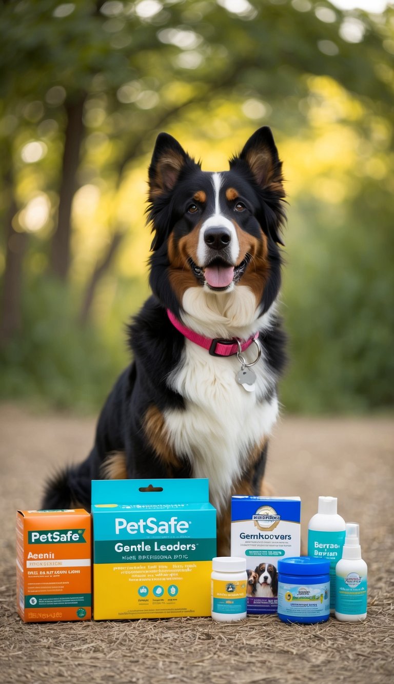 A Bernese Mountain Dog wearing a PetSafe Gentle Leaders Head Collar, surrounded by 22 essential supplies for its first year