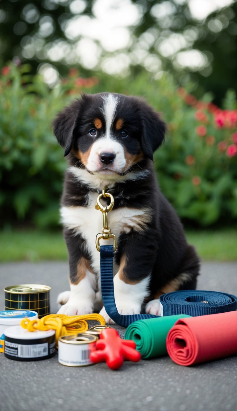 A Bernese Mountain dog puppy with a classic nylon leash surrounded by essential supplies for its first year