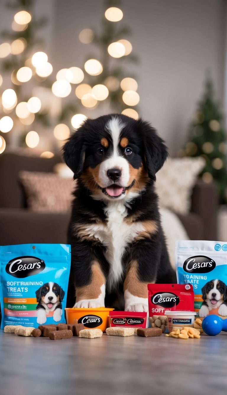 A Bernese Mountain Dog puppy surrounded by Cesars Soft Training Treats and various supplies for its first year