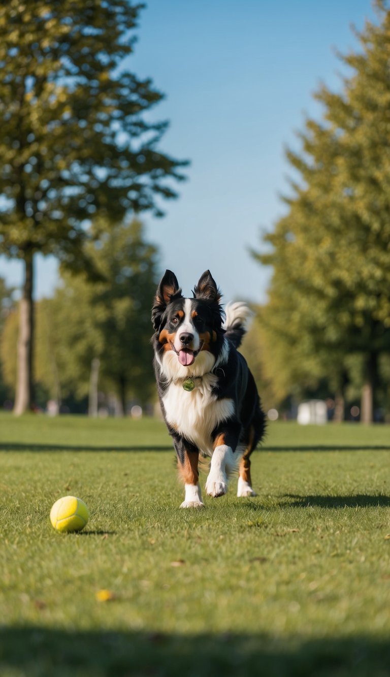 A Bernese Mountain Dog playing fetch in a grassy park, surrounded by trees and a clear blue sky
