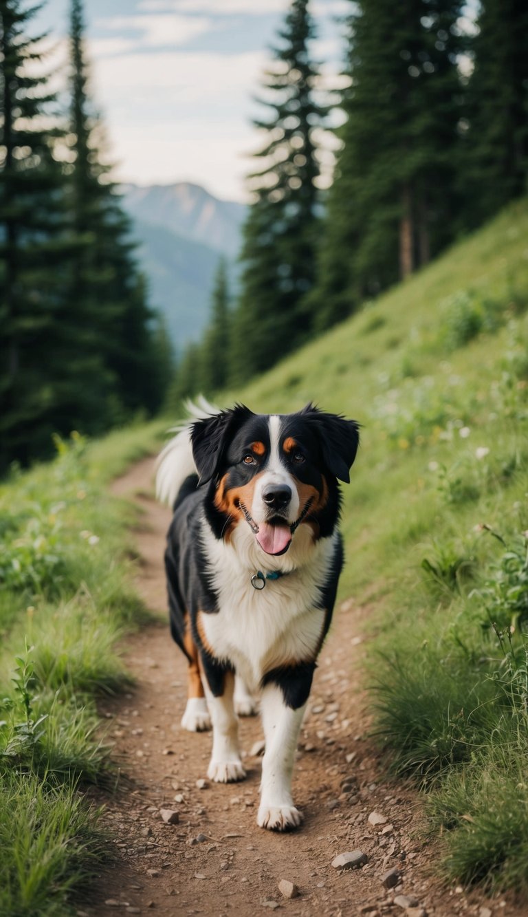 A Bernese Mountain Dog hikes a scenic trail, surrounded by lush greenery and towering trees, with a sense of adventure and excitement in the air