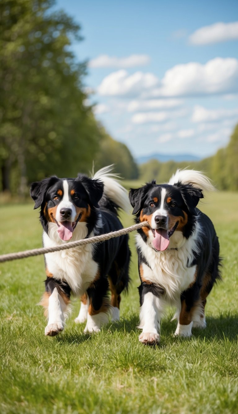 Two Bernese Mountain Dogs tug a rope in a grassy field, tails wagging and tongues lolling. The sun shines overhead, and trees sway in the background