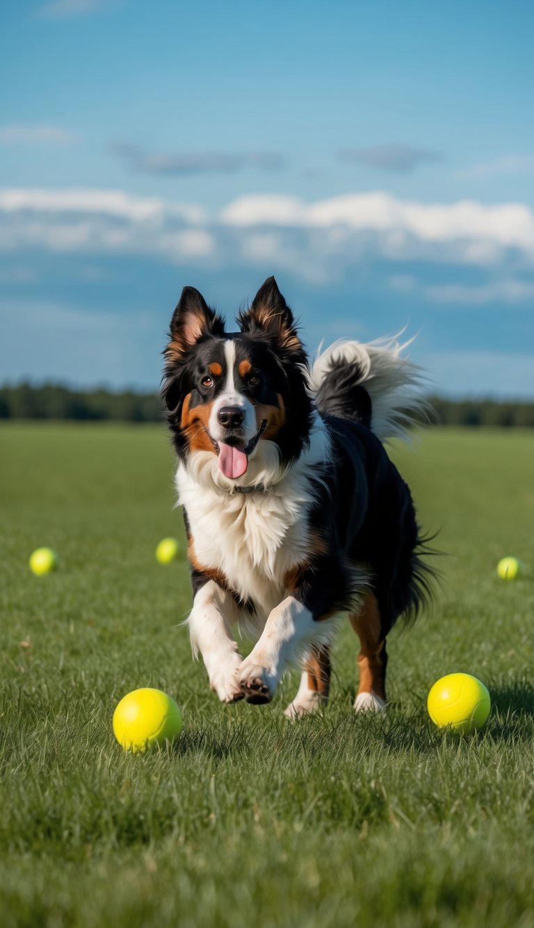 A Bernese Mountain Dog joyfully chases balls in a vast open field, surrounded by green grass and blue skies