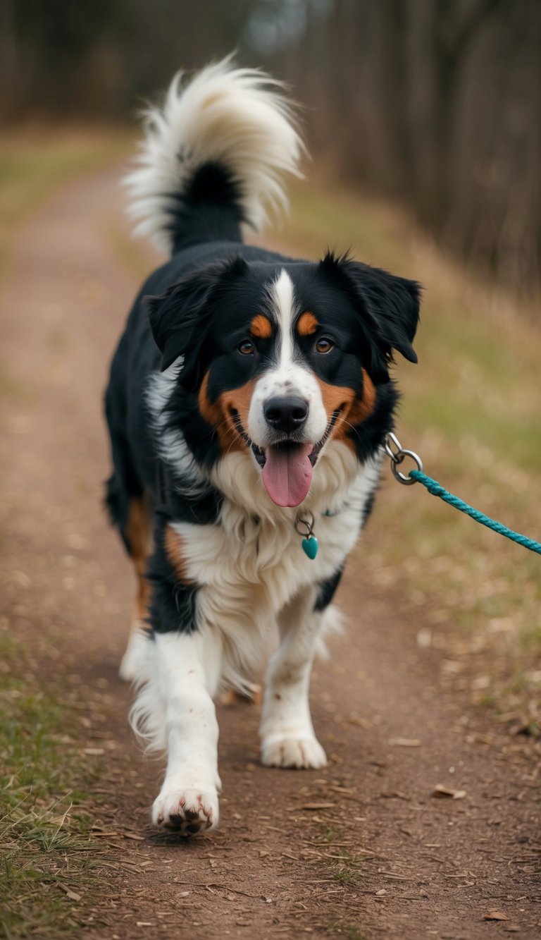A Bernese Mountain Dog sniffs and explores new outdoor paths, tail wagging in excitement