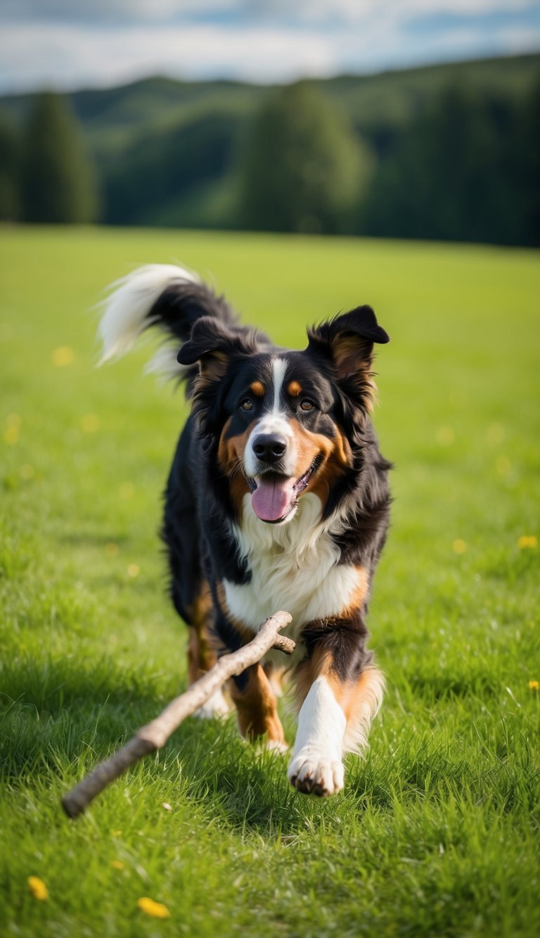A Bernese Mountain Dog eagerly retrieves a stick thrown into a lush green field
