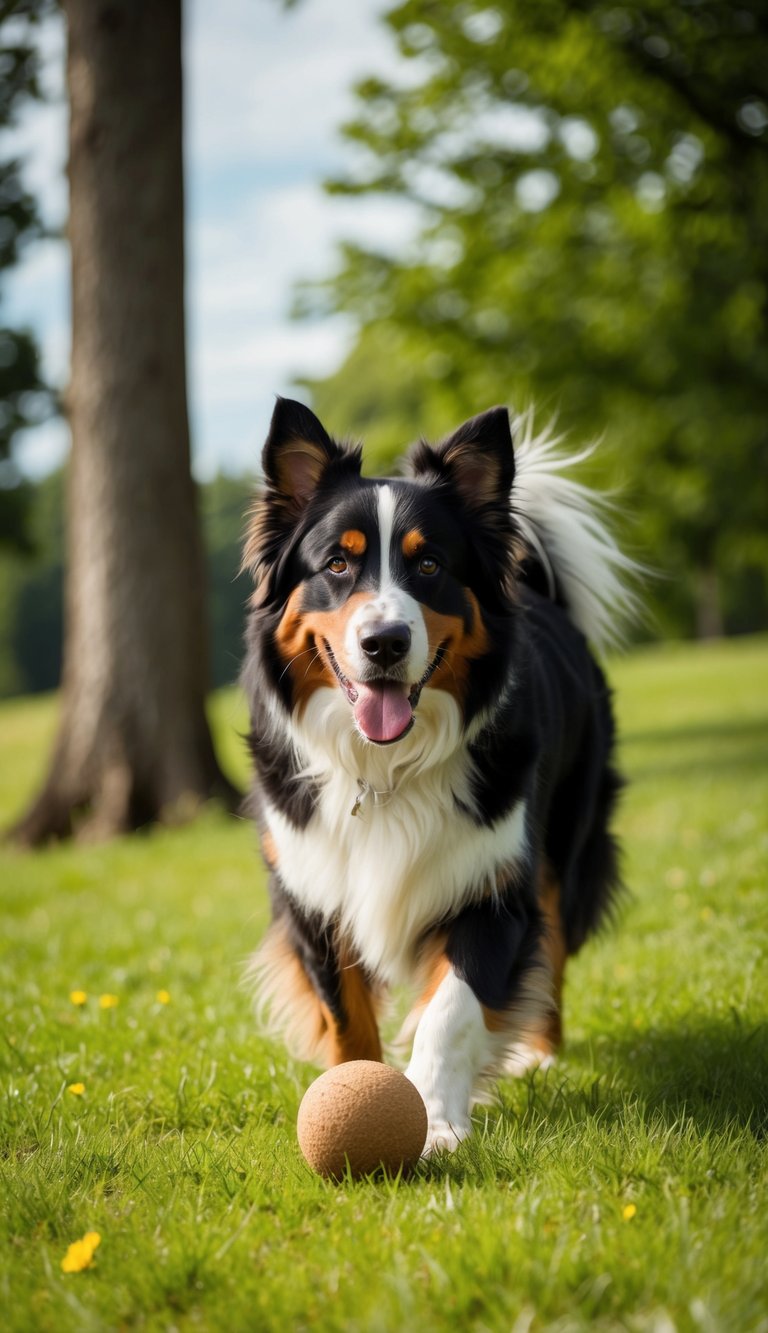 A Bernese Mountain Dog rolls a treat ball in a lush outdoor setting, surrounded by trees and grass
