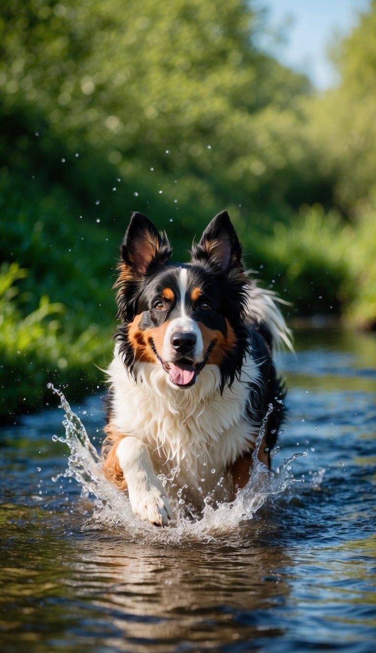 A Bernese Mountain Dog splashes in a shallow stream, surrounded by greenery and sunshine