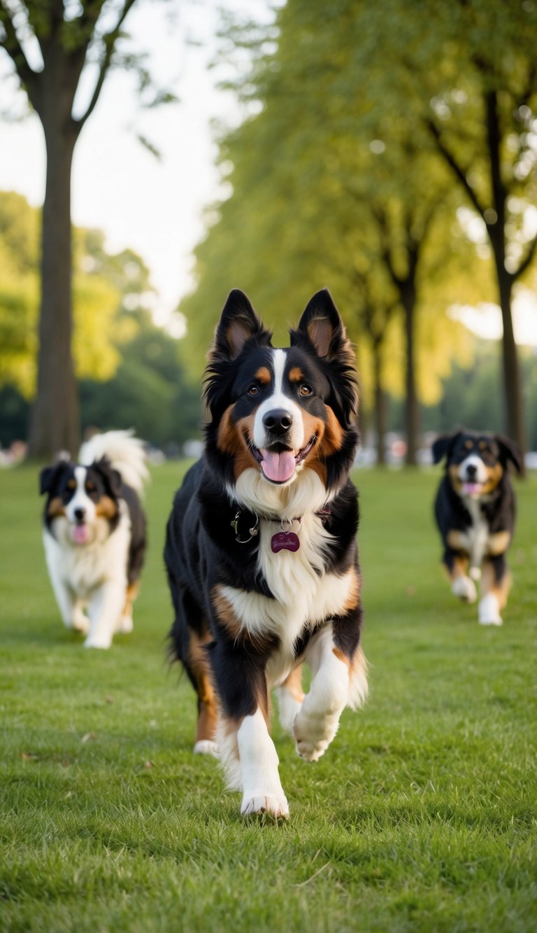 A Bernese Mountain Dog plays in a grassy park, surrounded by trees and other dogs