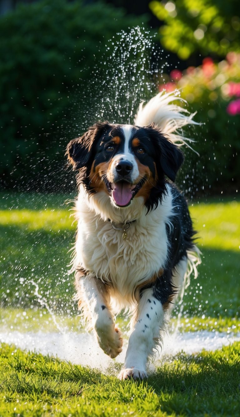 A Bernese Mountain Dog romping through sprinklers in a grassy yard, water droplets catching the sunlight as the dog shakes off the cool spray