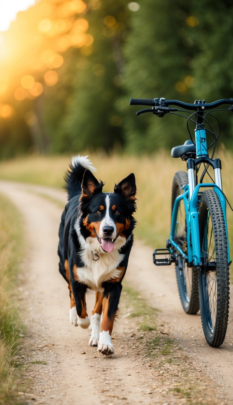 A Bernese Mountain dog running alongside bikes on a sunny outdoor trail