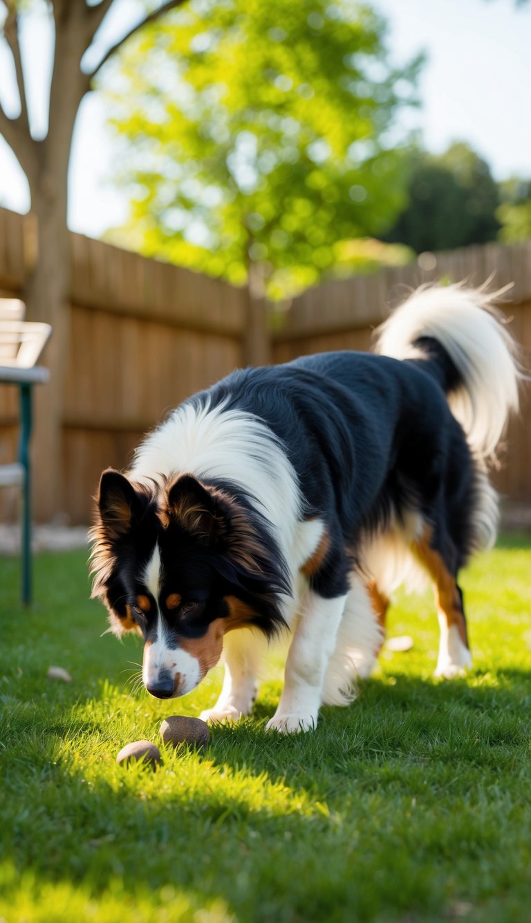 A Bernese Mountain Dog sniffing around a backyard, searching for hidden treasures amid a sunny and green outdoor setting