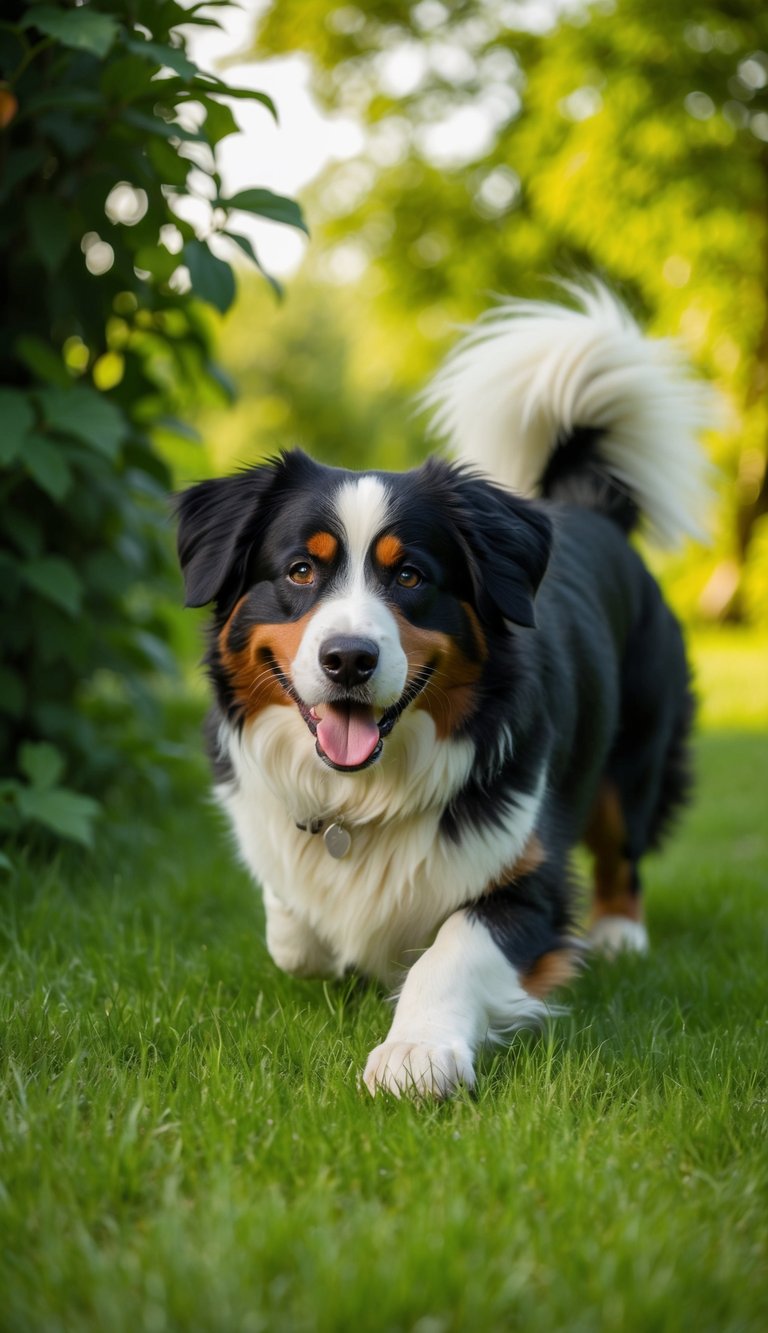 A Bernese Mountain Dog plays hide and seek in a lush, green outdoor setting, with a joyful expression and wagging tail
