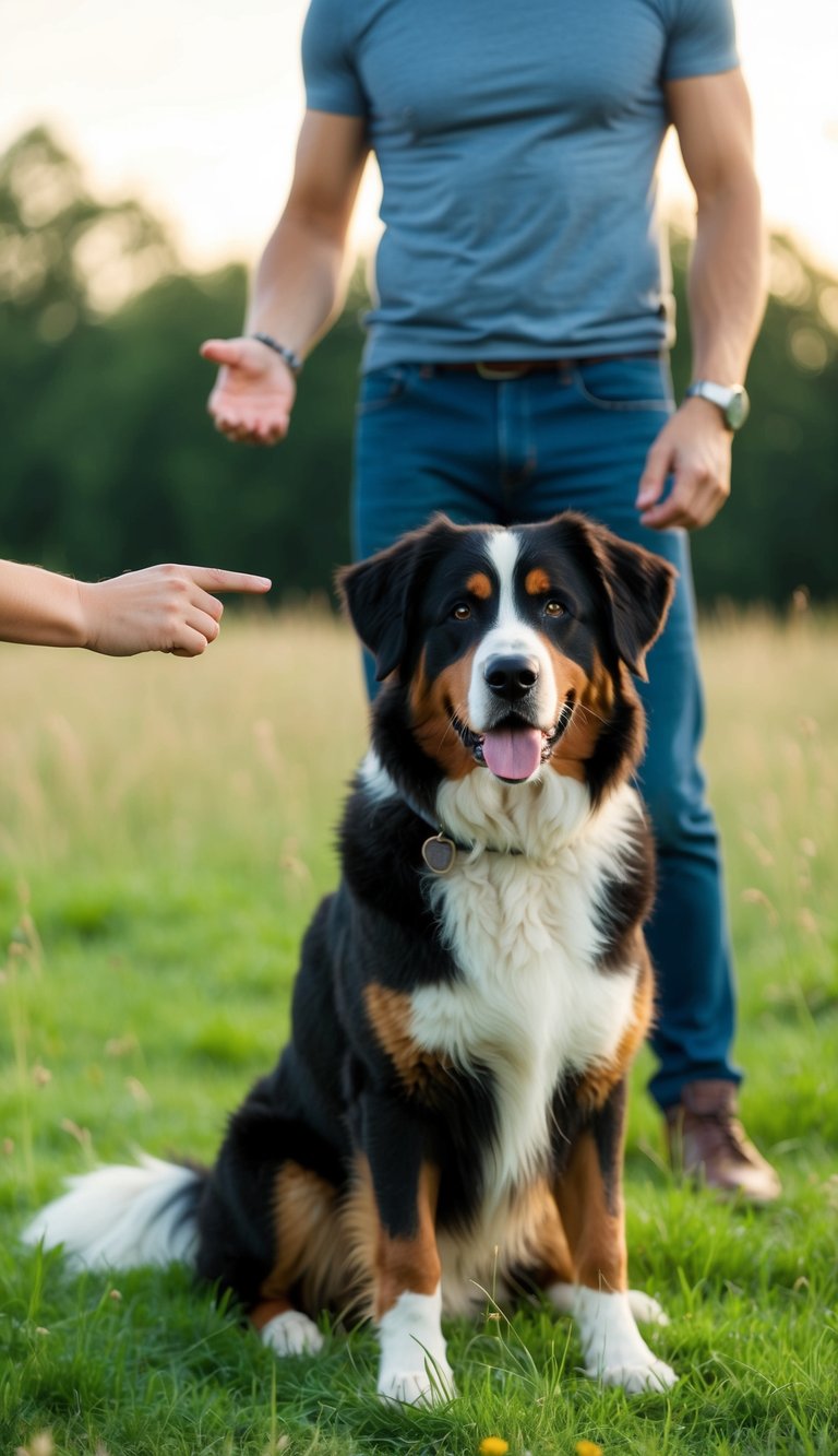 A Bernese Mountain Dog sitting attentively in a grassy field, with its owner standing a few feet away, giving the recall command