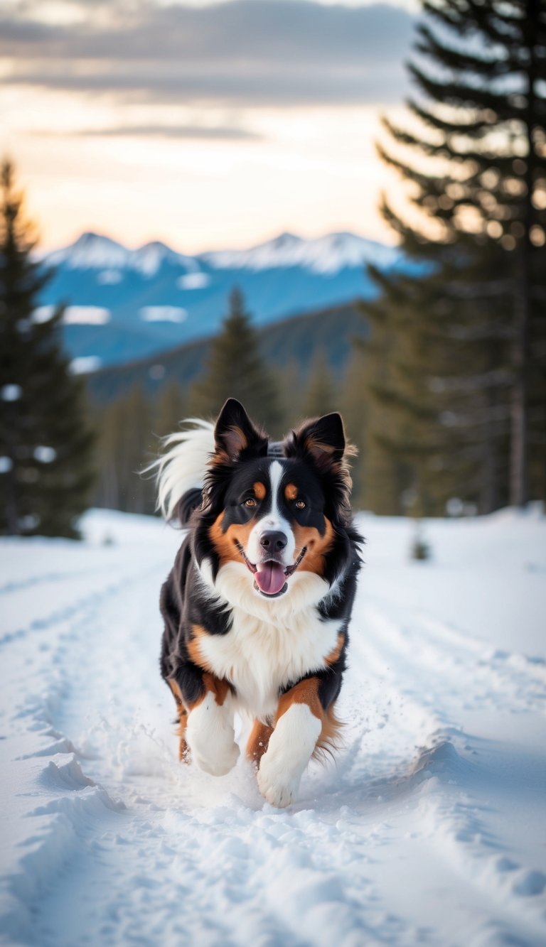 A Bernese Mountain Dog romping through a snow-covered landscape, surrounded by trees and mountains in the distance