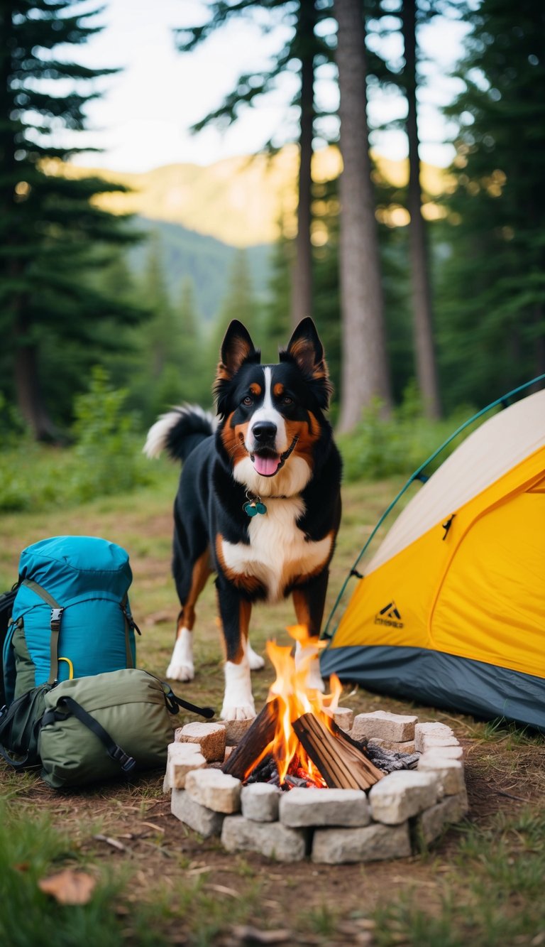 A Bernese Mountain Dog plays fetch by a campfire, surrounded by hiking gear and a tent in a lush forest clearing