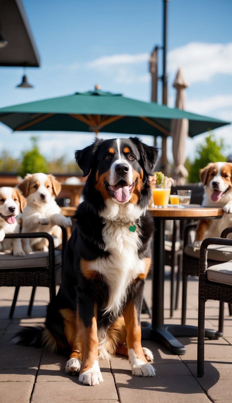 A Bernese Mountain Dog enjoys a sunny day at a dog-friendly cafe, surrounded by outdoor seating and playful pups