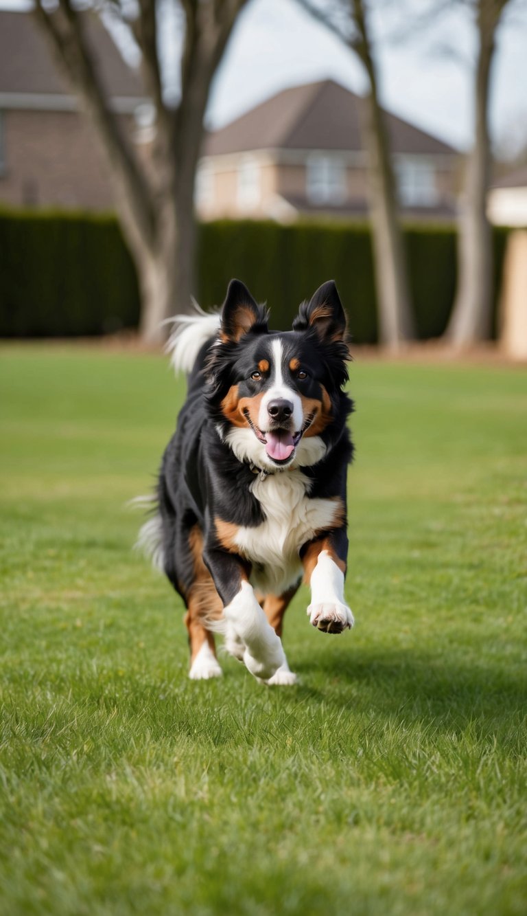 A Bernese Mountain Dog running and playing chase in a spacious backyard, with trees and green grass in the background