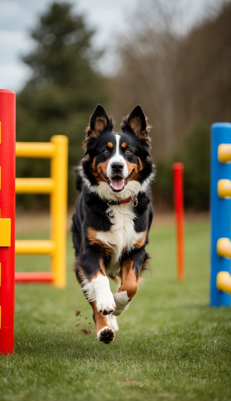A Bernese Mountain Dog running through an obstacle course with excitement and determination